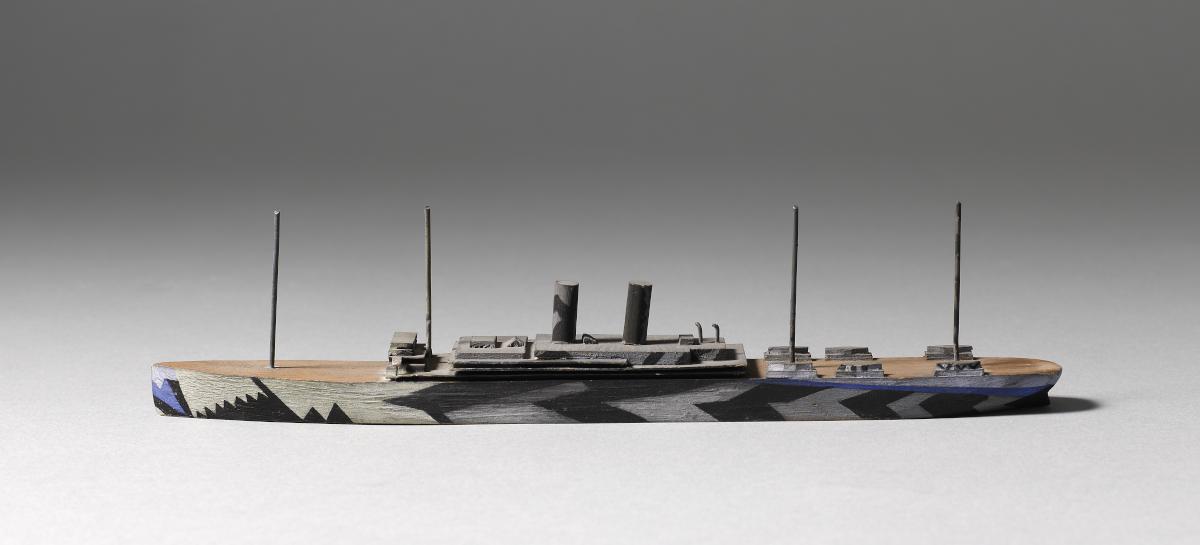 Model ship painted with First World War Dazzle camouflage, wood and metal, c. 1917, 57 x 32 x 245 mm © Royal Academy of Arts, London; Photographer: Prudence Cuming Associates Limited